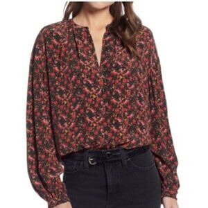 Something Navy Brown Oversized Easy Volume Floral Blouse Size Small